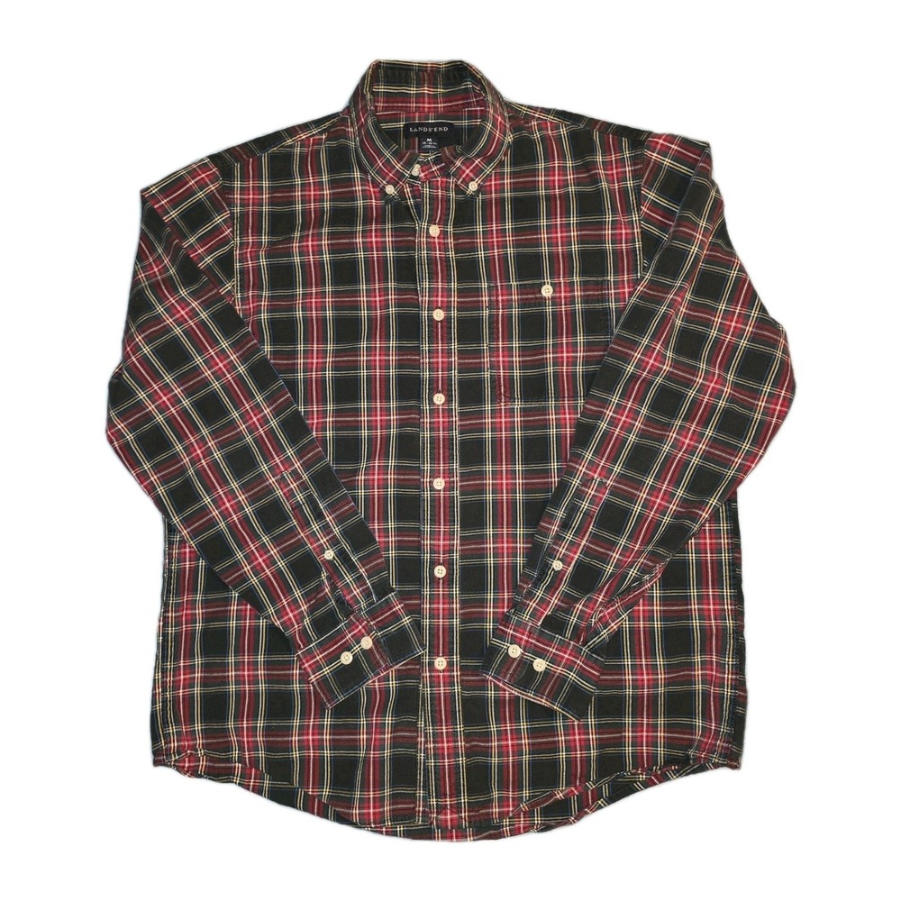 Lands' End Mens Medium Button Up Plaid Long Sleeve Shirt 100 Cotton Christmas